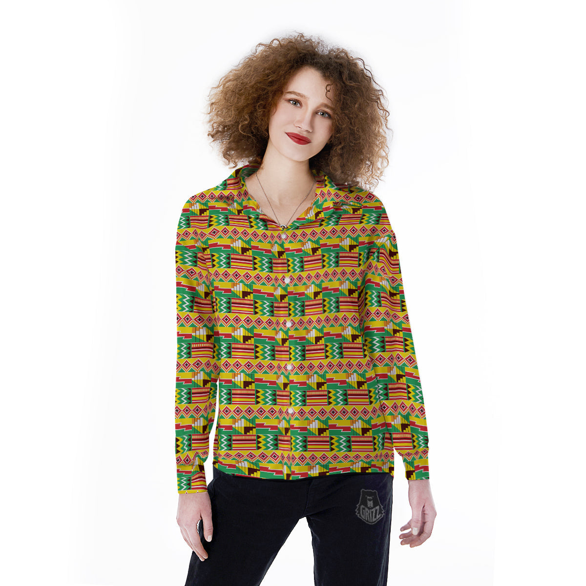 Kente Ashanti Print Pattern Women's Long Sleeve Shirts-grizzshop