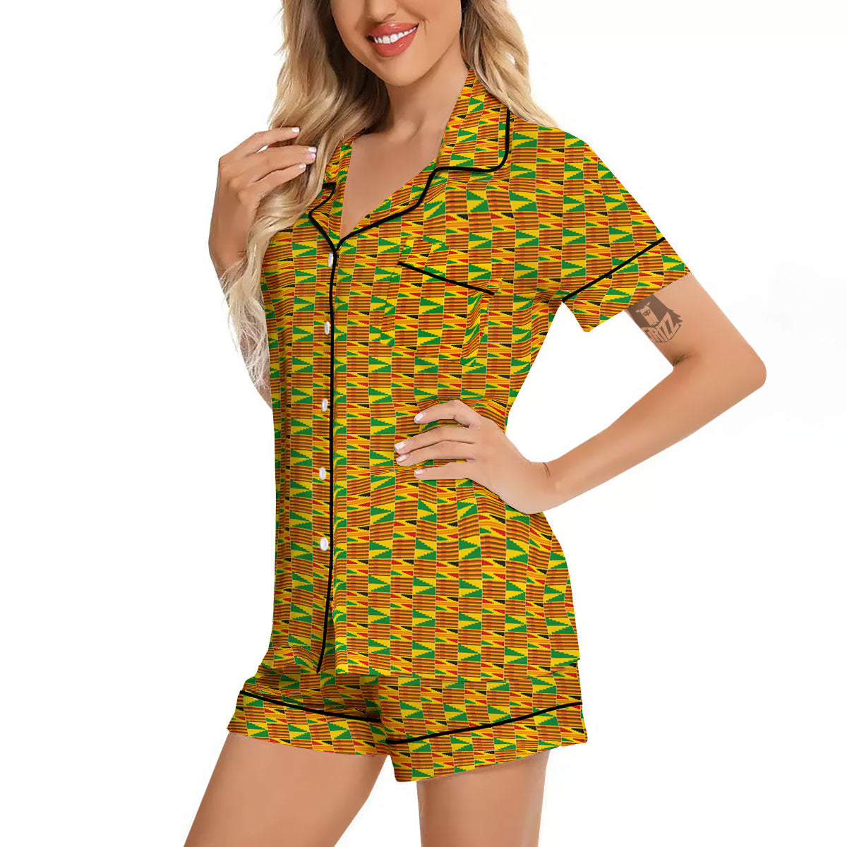 Kente Bonwire Print Pattern Women Silk Pajamas-grizzshop