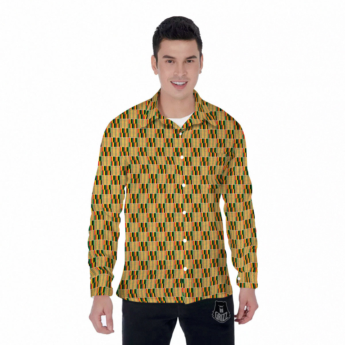 Kente Ethnic Print Pattern Men's Long Sleeve Shirts-grizzshop