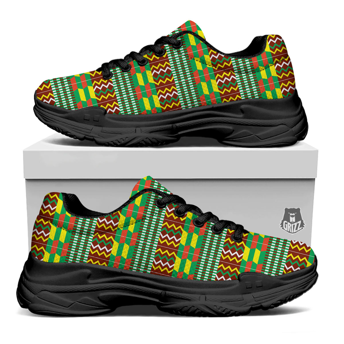 Kente Tribal West African Print Pattern Black Chunky Shoes-grizzshop
