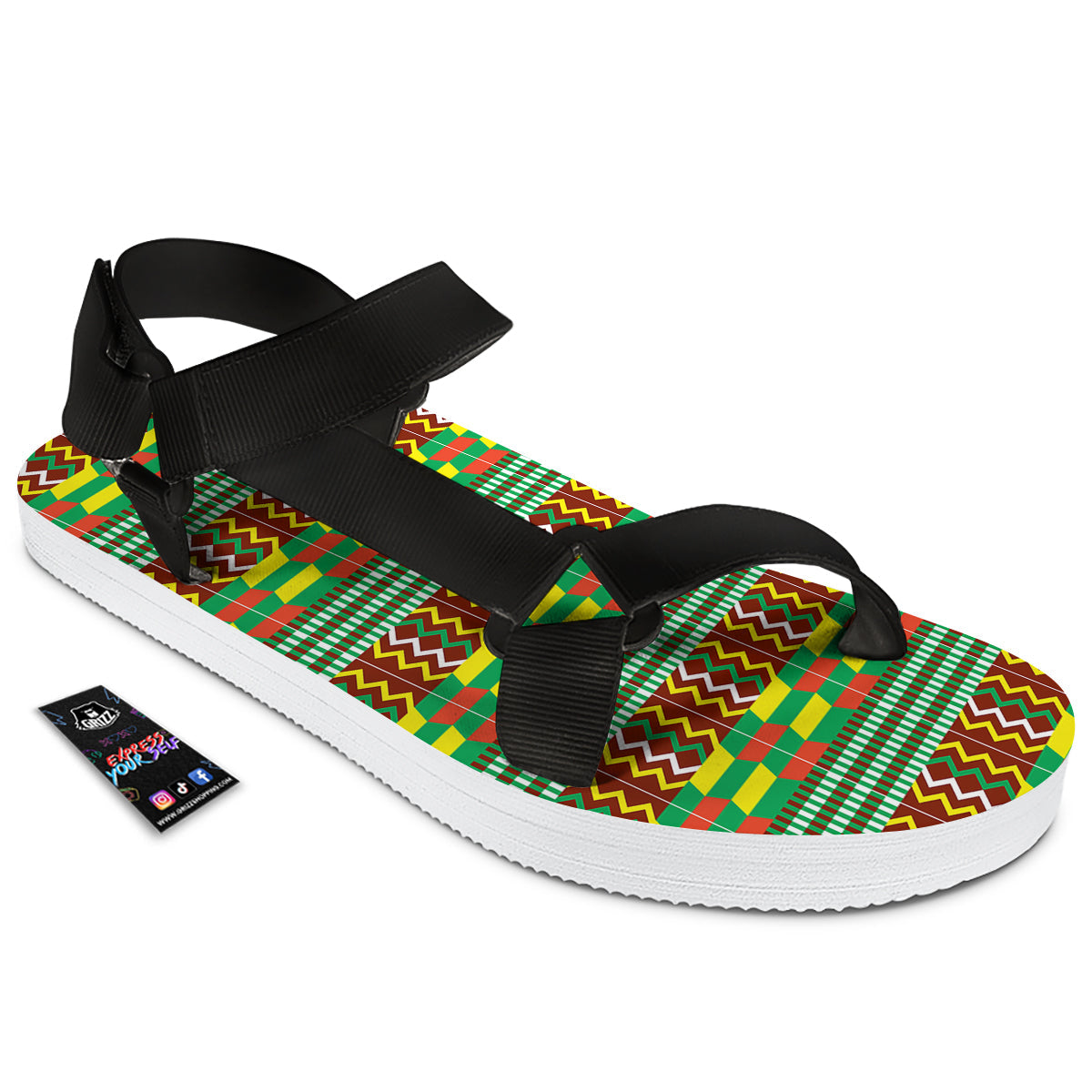 Kente Tribal West African Print Pattern Black Open Toe Sandals-grizzshop