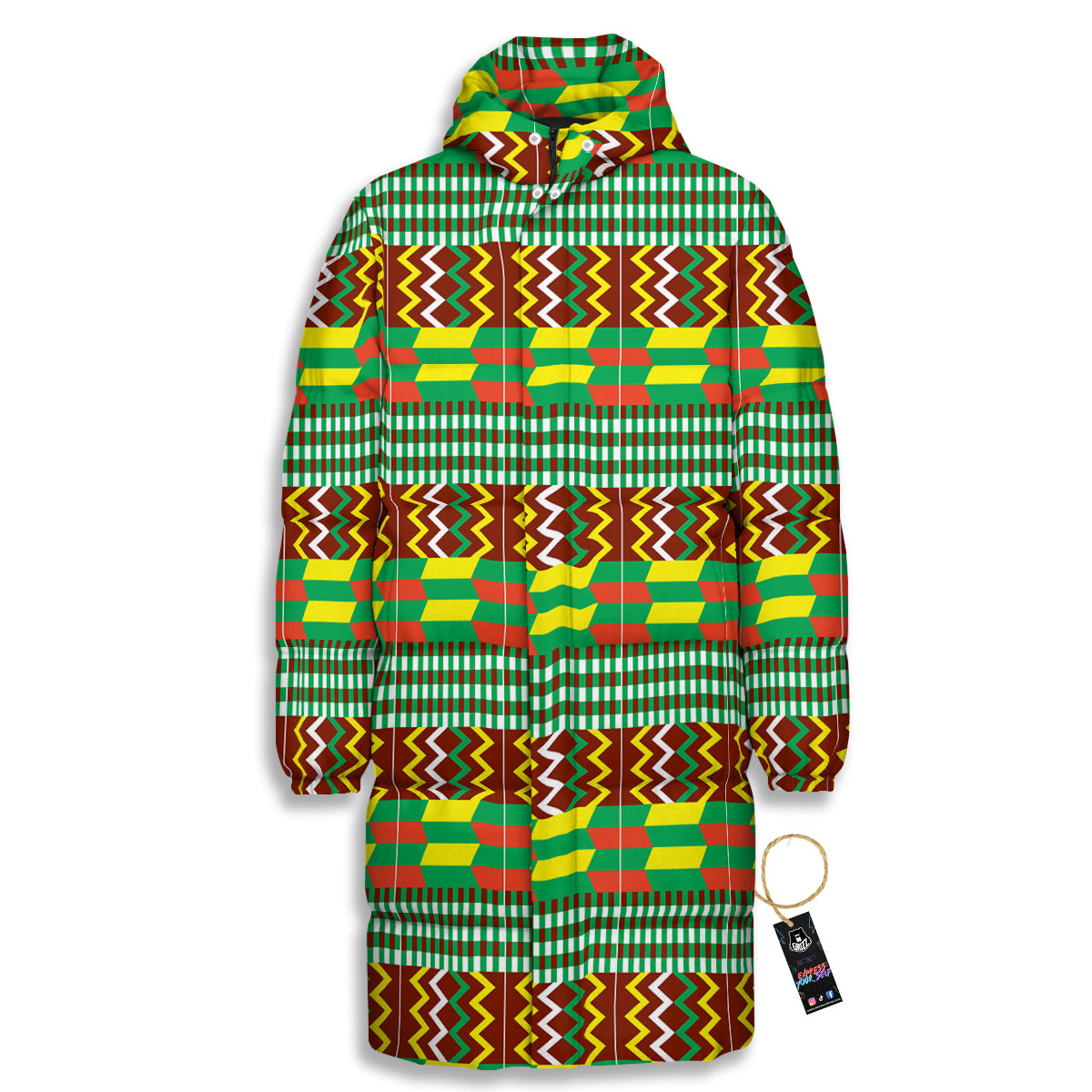 Kente Tribal West African Print Pattern Long Down Jacket-grizzshop