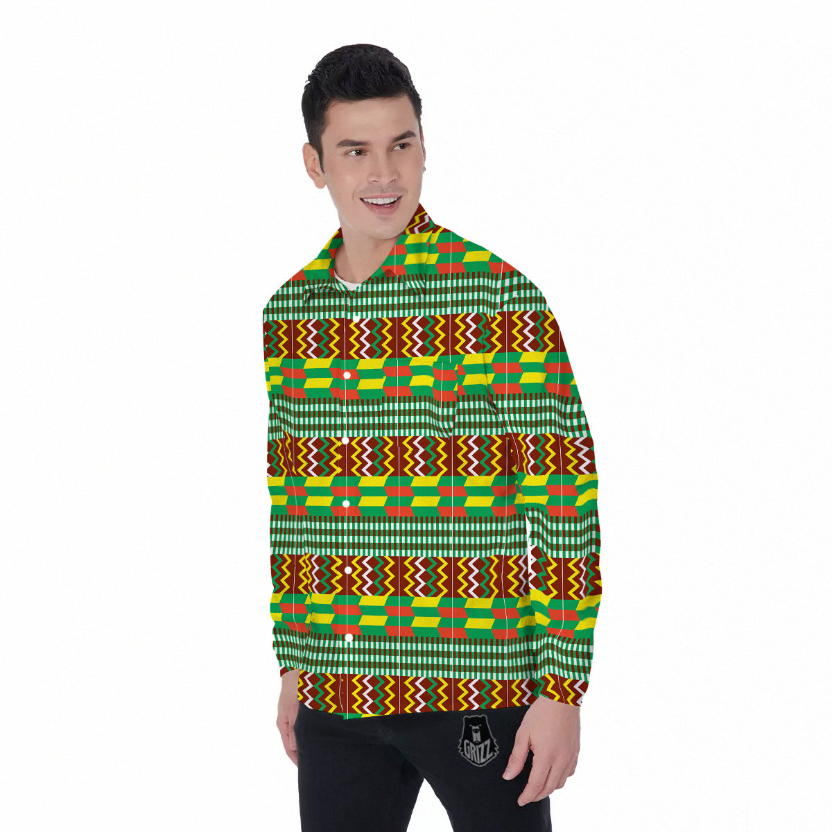 Kente Tribal West African Print Pattern Men's Long Sleeve Shirts-grizzshop