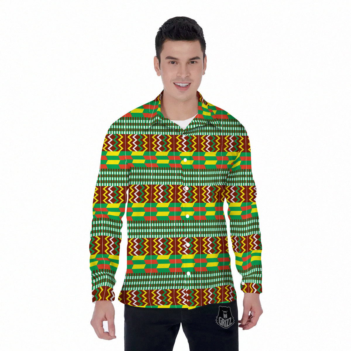 Kente Tribal West African Print Pattern Men's Long Sleeve Shirts-grizzshop