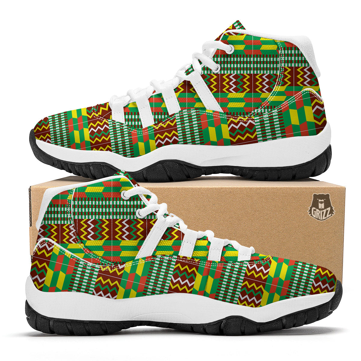 Kente Tribal West African Print Pattern White Bball Shoes-grizzshop
