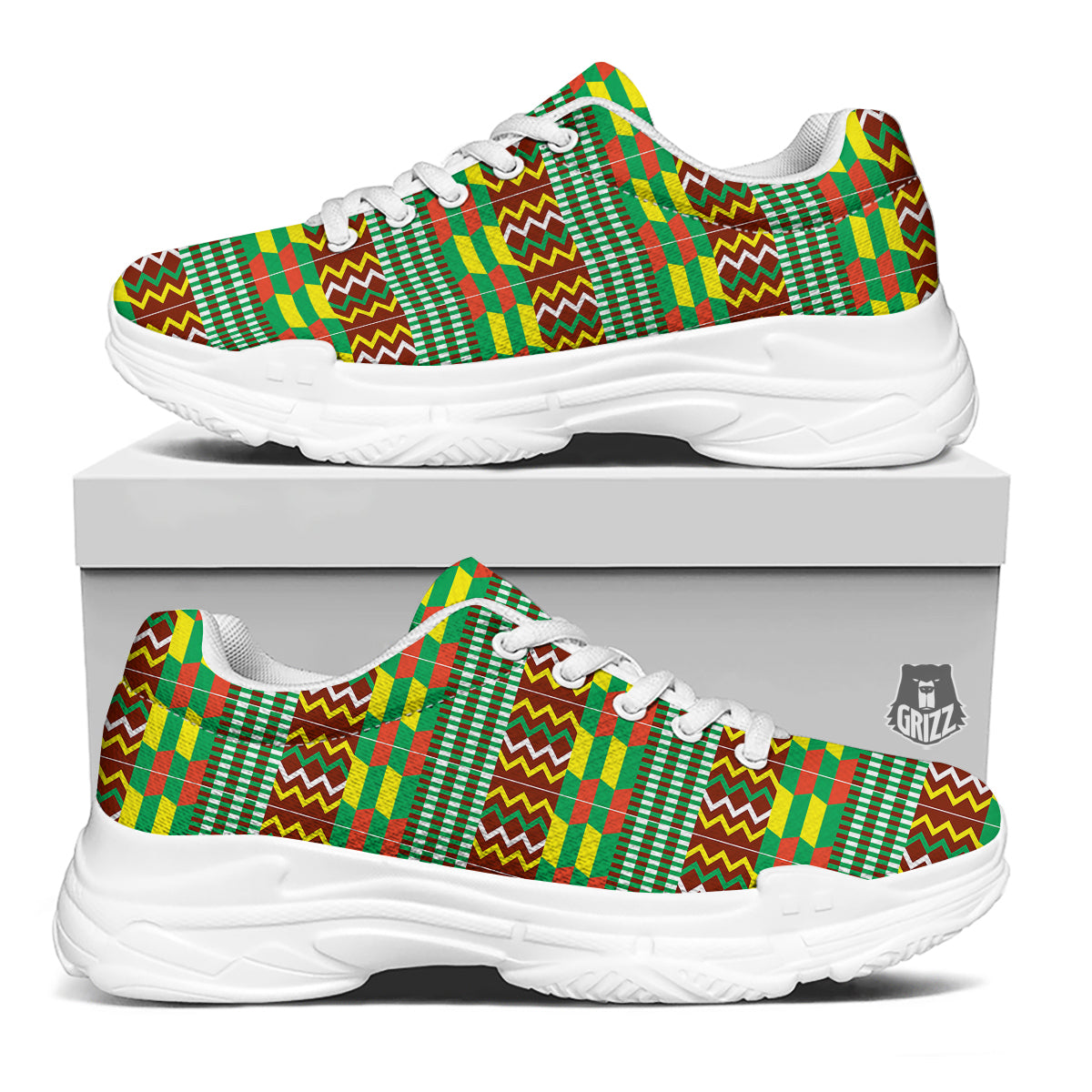 Kente Tribal West African Print Pattern White Chunky Shoes-grizzshop