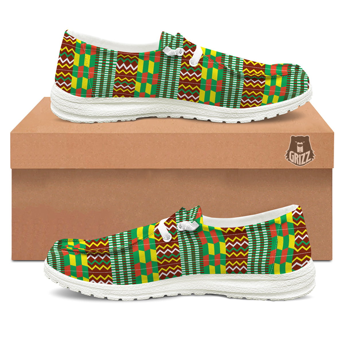 Kente Tribal West African Print Pattern White Loafers-grizzshop