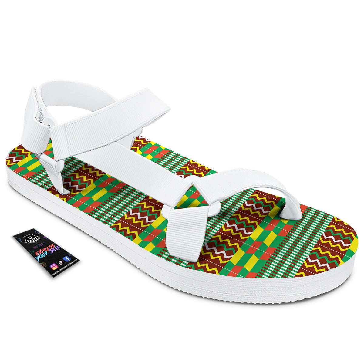 Kente Tribal West African Print Pattern White Open Toe Sandals-grizzshop