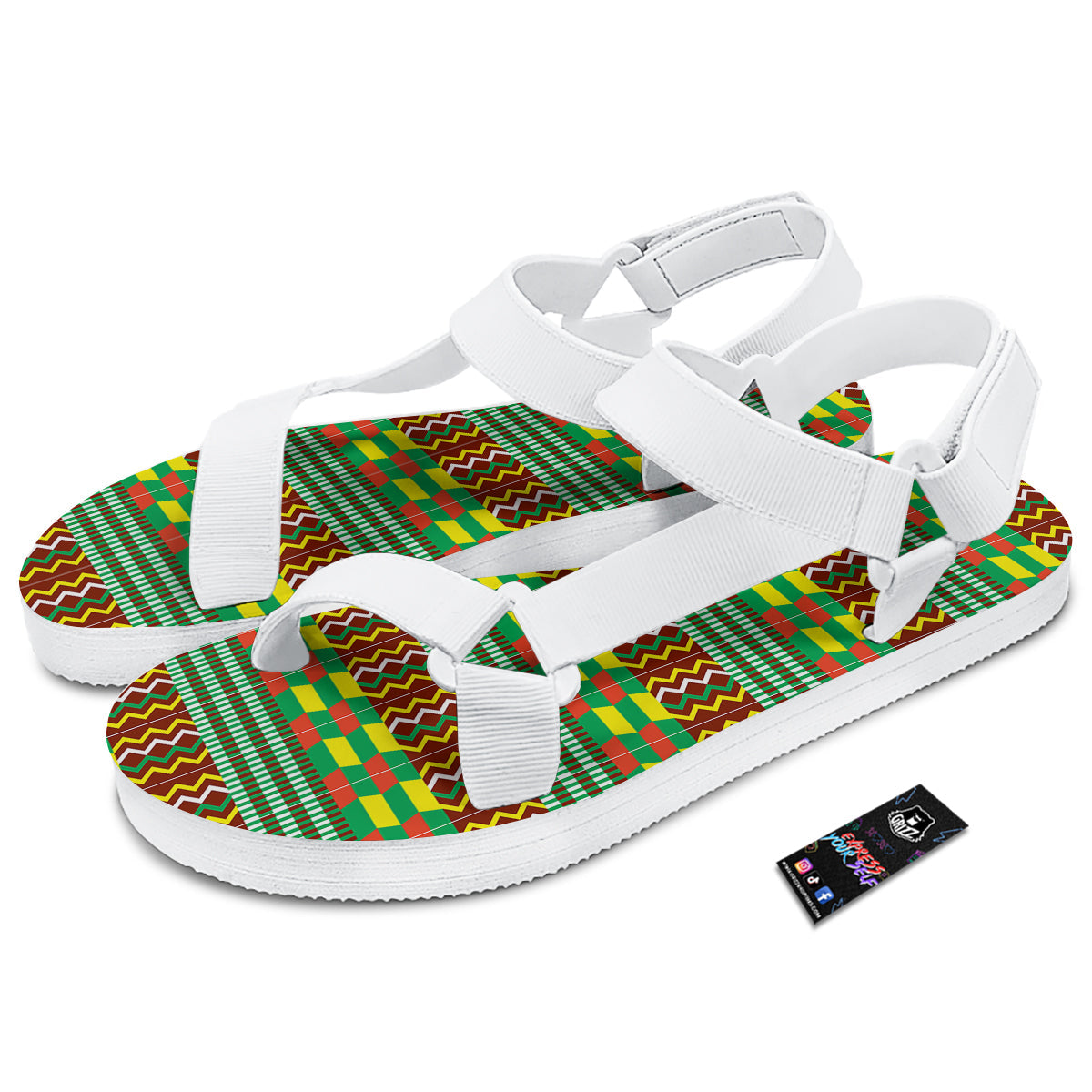 Kente Tribal West African Print Pattern White Open Toe Sandals-grizzshop