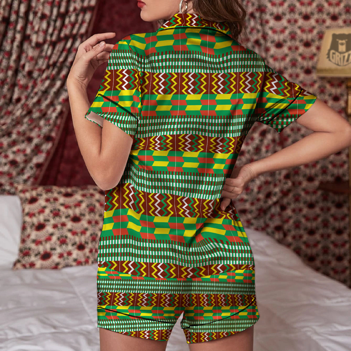 Kente Tribal West African Print Pattern Women Silk Pajamas-grizzshop