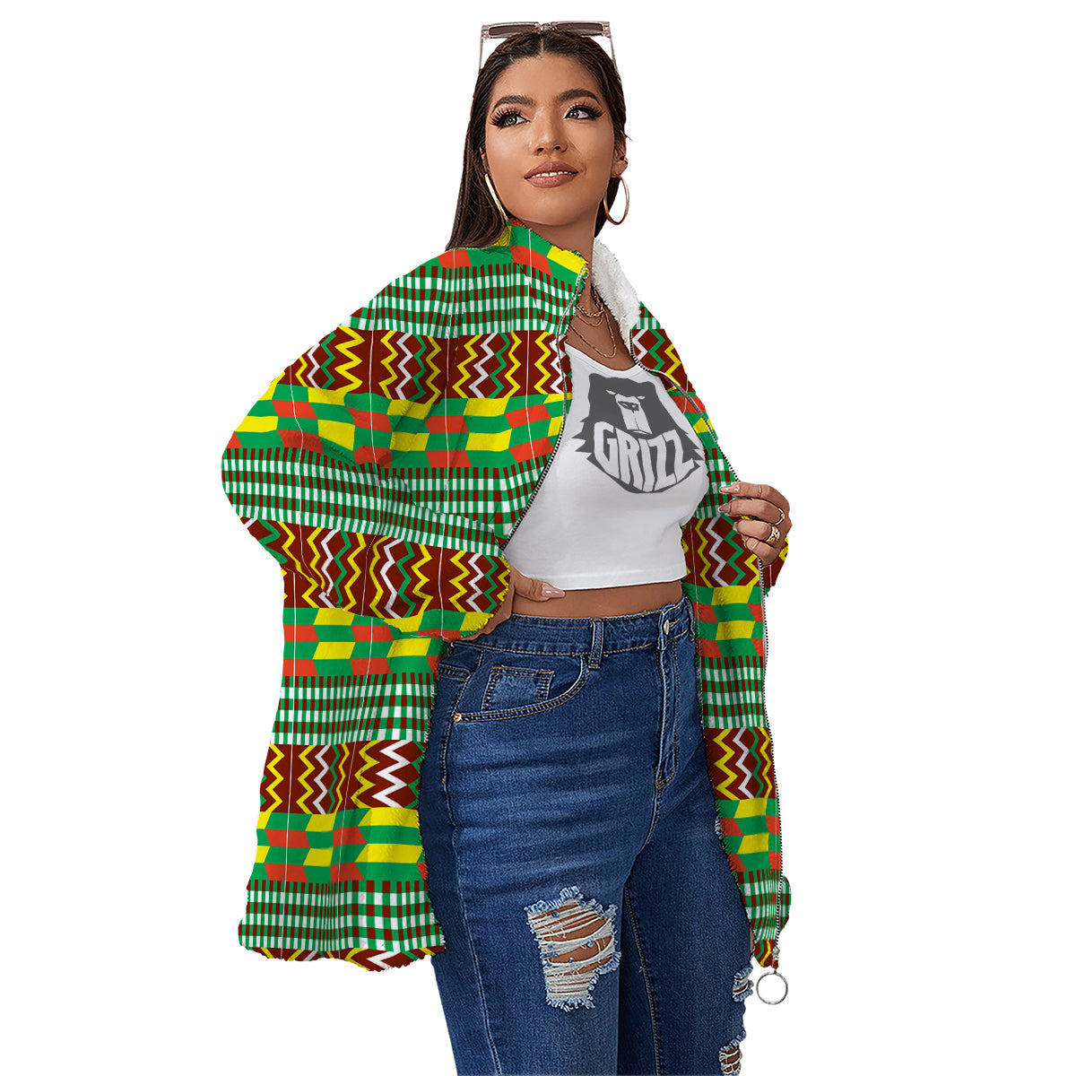 Kente Tribal West African Print Pattern Women's Sherpa Jacket-grizzshop