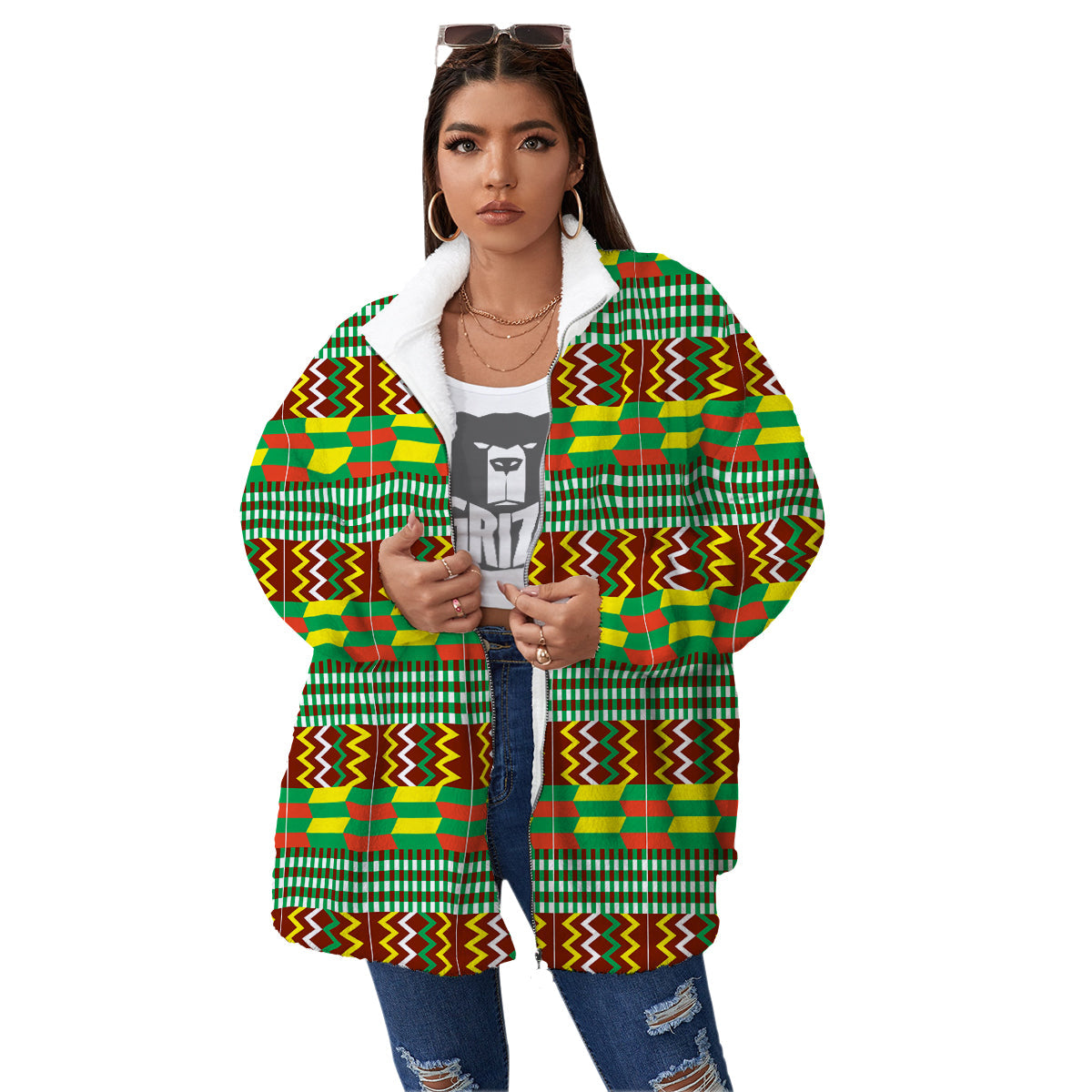 Kente Tribal West African Print Pattern Women's Sherpa Jacket-grizzshop