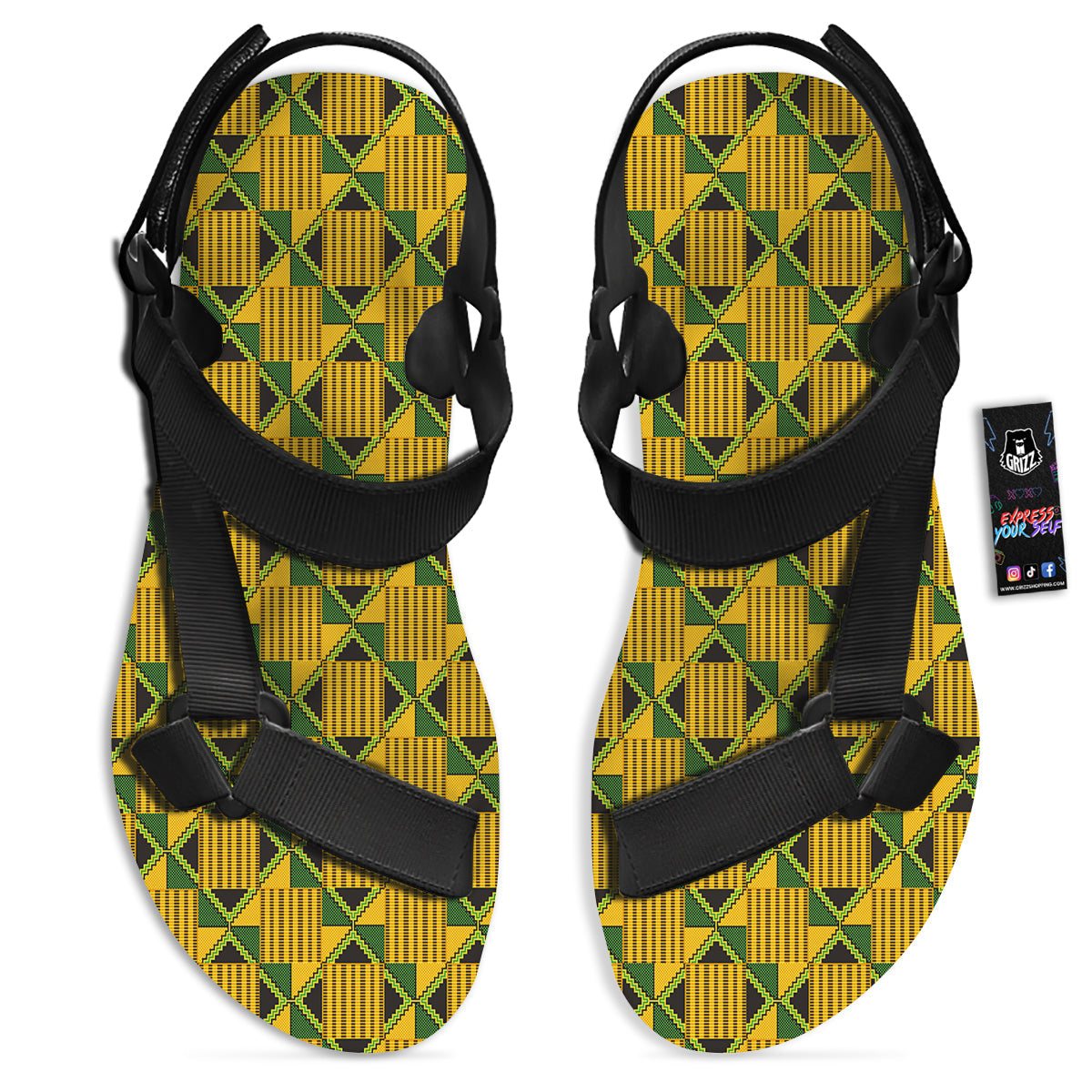 Kente Yellow Print Pattern Black Open Toe Sandals-grizzshop