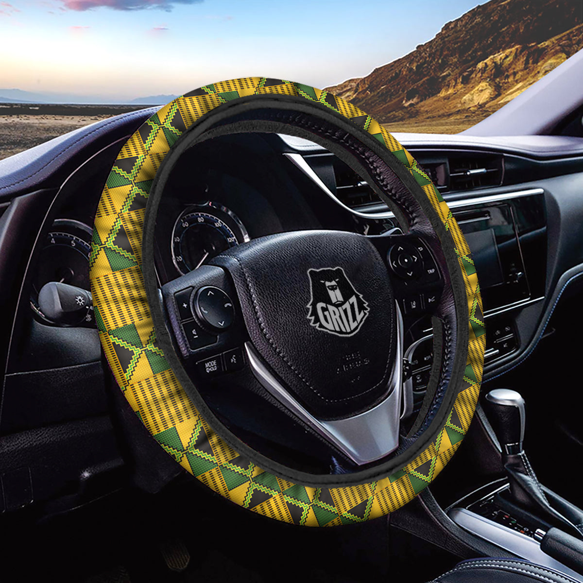 Kente Yellow Print Pattern Car Steering Wheel Cover-grizzshop