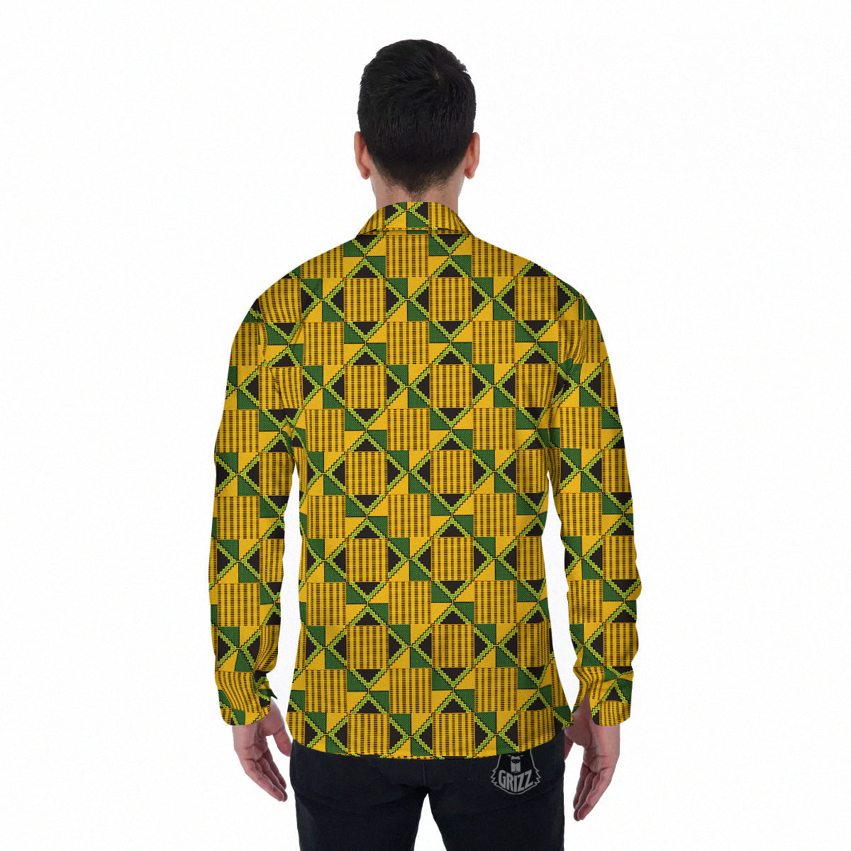 Kente Yellow Print Pattern Men's Long Sleeve Shirts-grizzshop
