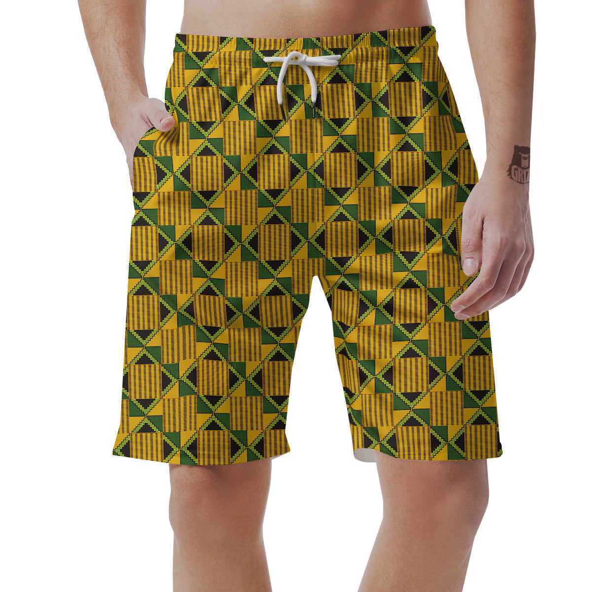 Kente Yellow Print Pattern Men's Shorts-grizzshop