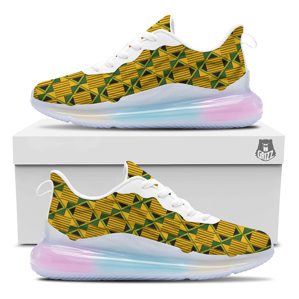 Kente Yellow Print Pattern Running Sneakers-grizzshop