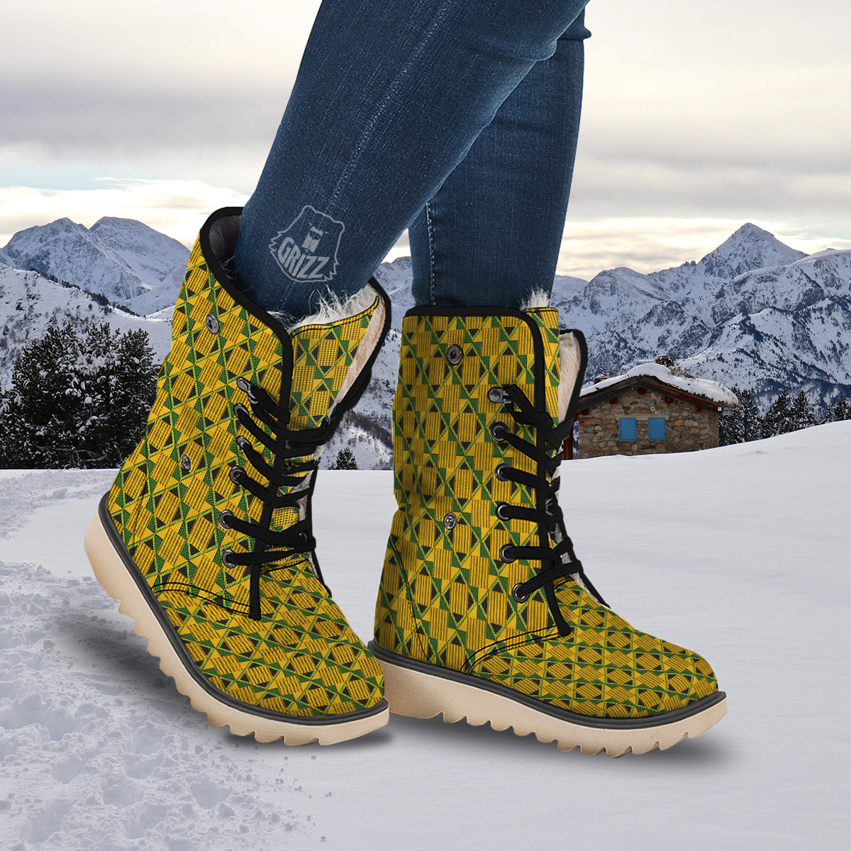 Kente Yellow Print Pattern Snow Boots-grizzshop