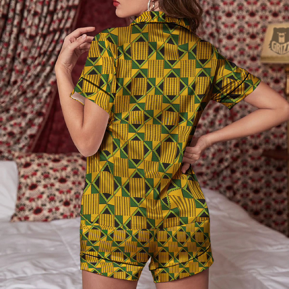 Kente Yellow Print Pattern Women Silk Pajamas-grizzshop