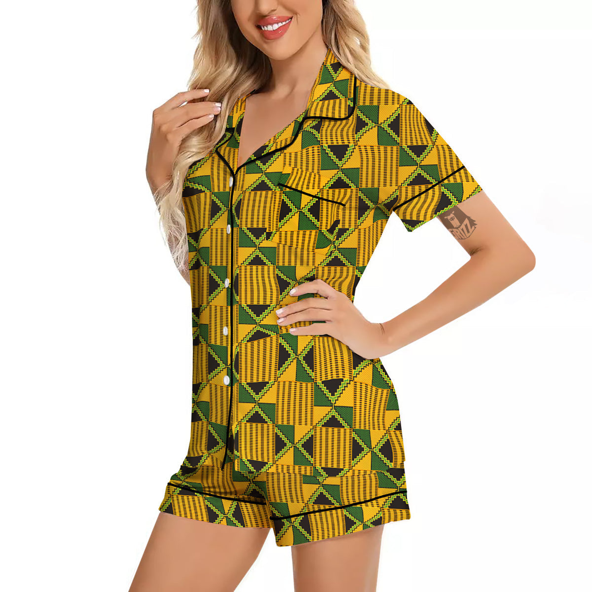 Kente Yellow Print Pattern Women Silk Pajamas-grizzshop