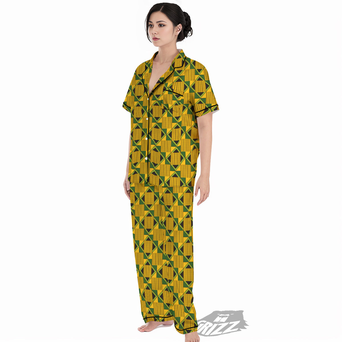 Kente Yellow Print Pattern Women's Pajamas Set-grizzshop