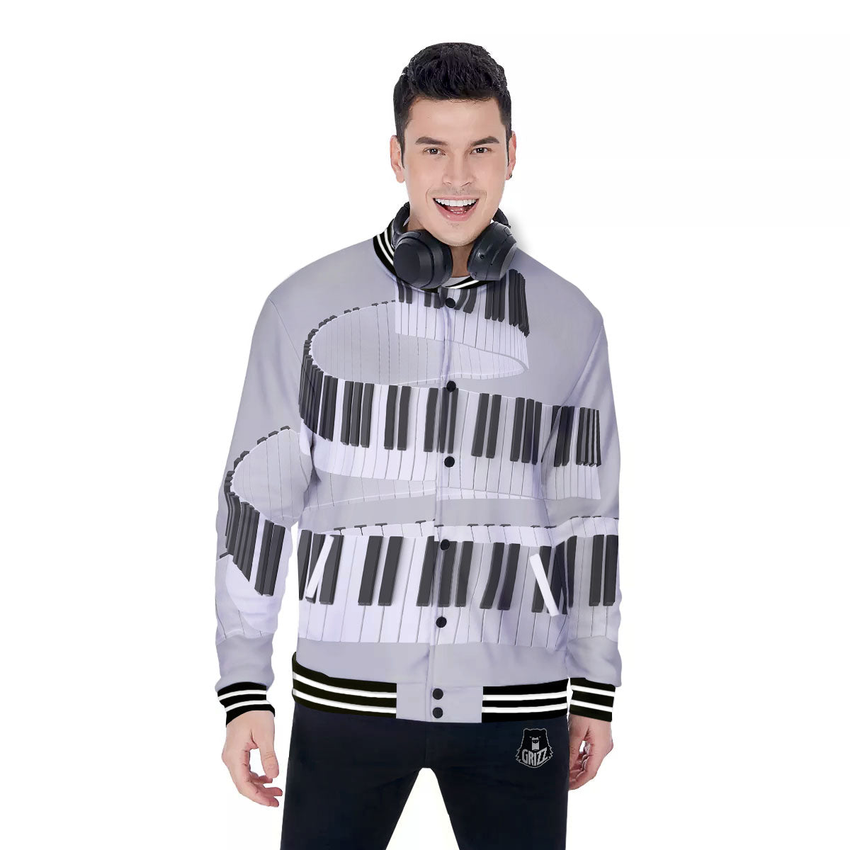 Keyboard Spiral Piano Print Baseball Jacket-grizzshop