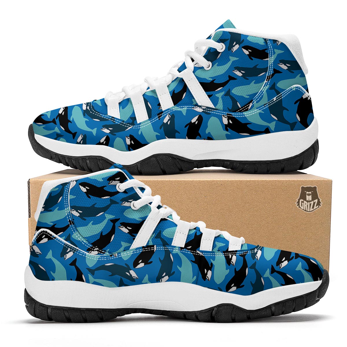 Killer Whale Orca Pattern Print White Bball Shoes-grizzshop