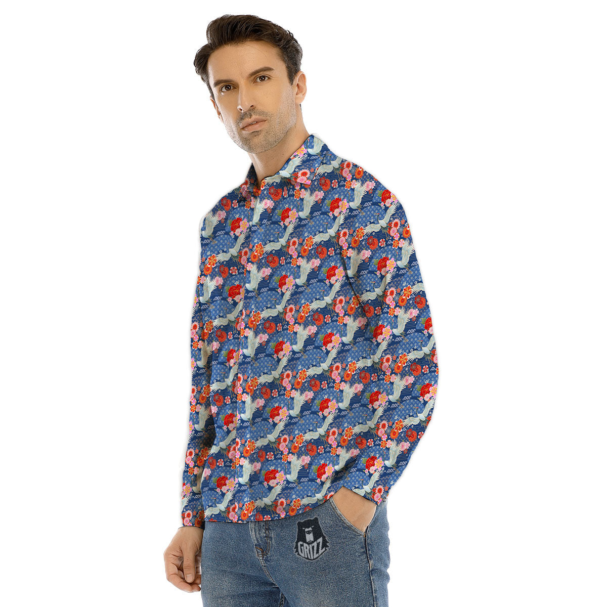 Kimono Bird Crane Print Pattern Men's Dress Shirts-grizzshop