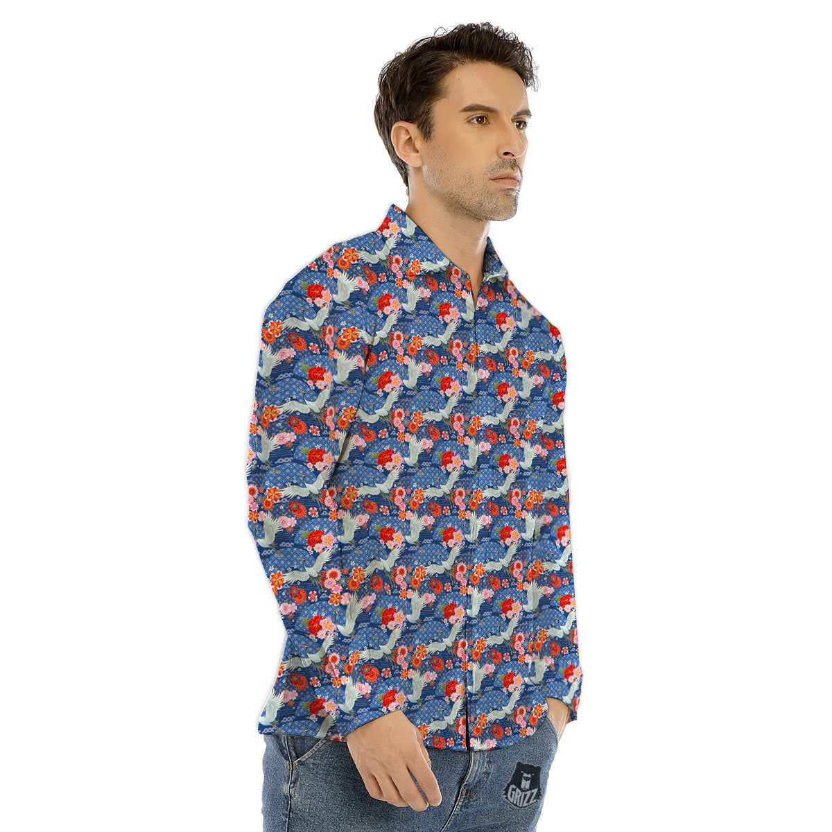 Kimono Bird Crane Print Pattern Men's Dress Shirts-grizzshop