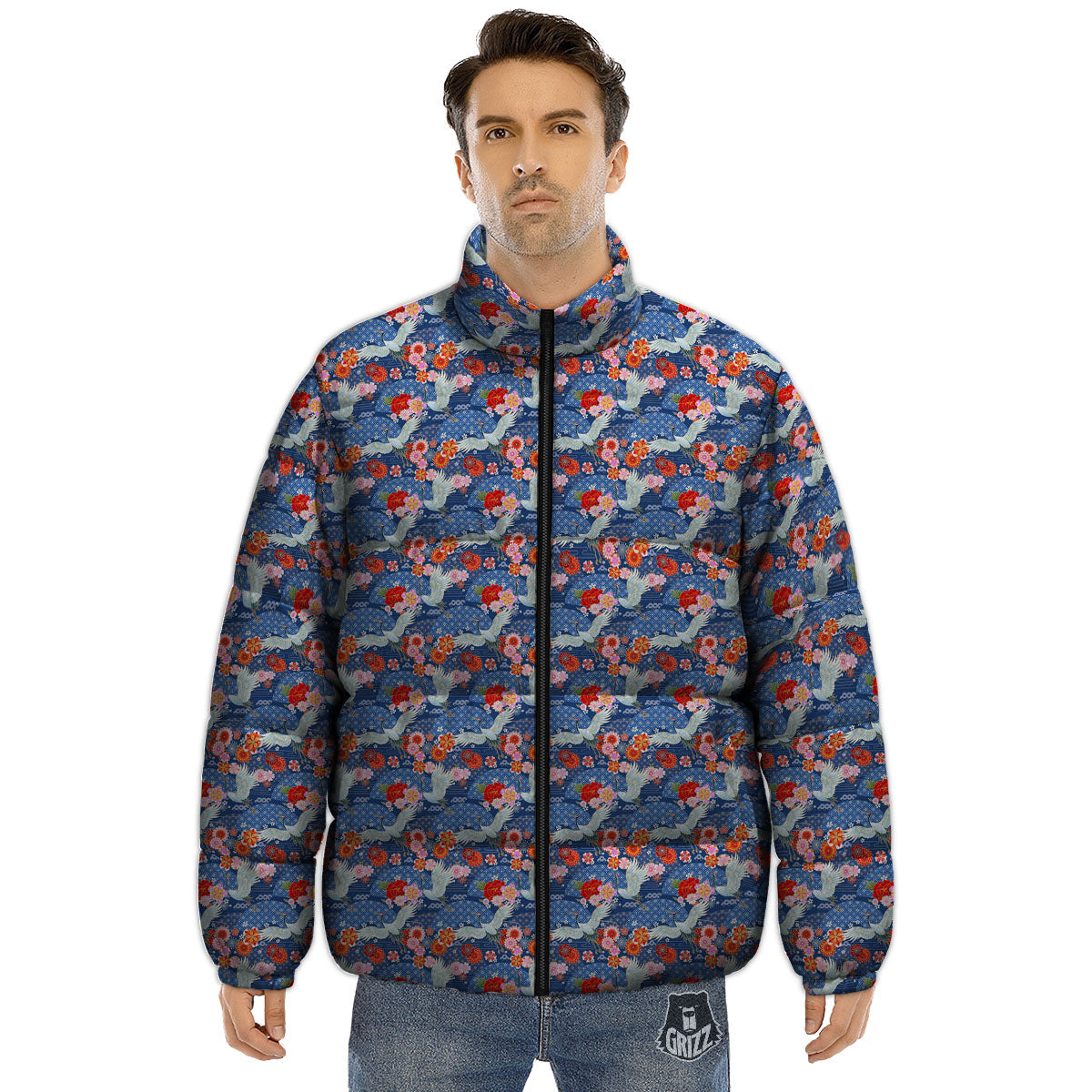 Kimono Bird Crane Print Pattern Puffer Jacket-grizzshop