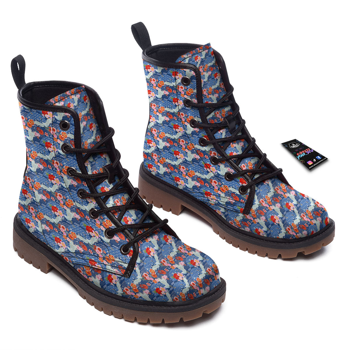 Kimono Bird Crane Print Pattern Work Boots-grizzshop