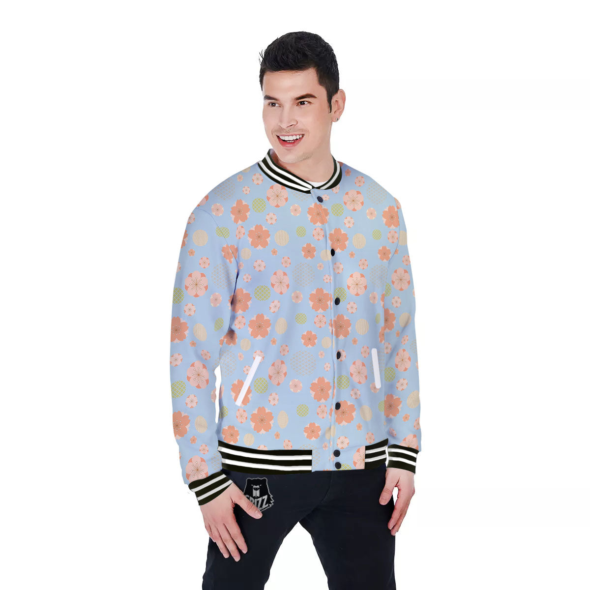 Kimono Cherry Blossom Print Pattern Baseball Jacket-grizzshop