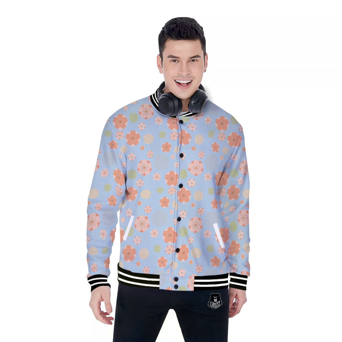 Kimono Cherry Blossom Print Pattern Baseball Jacket-grizzshop