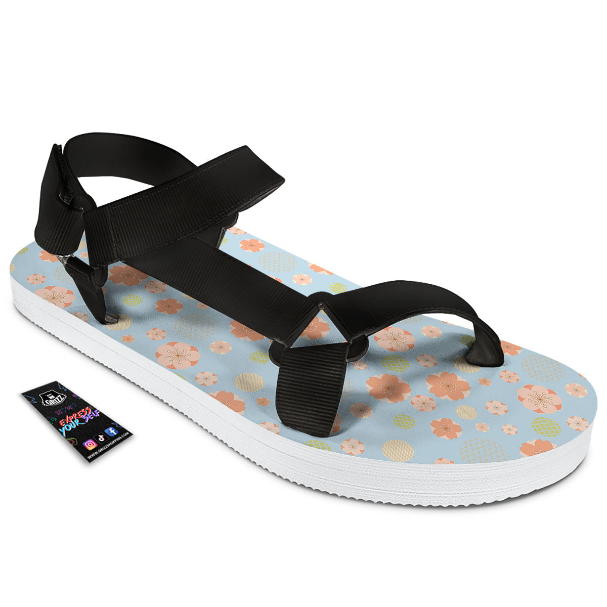 Kimono Cherry Blossom Print Pattern Black Open Toe Sandals-grizzshop