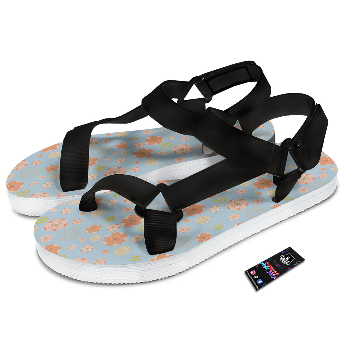 Kimono Cherry Blossom Print Pattern Black Open Toe Sandals-grizzshop