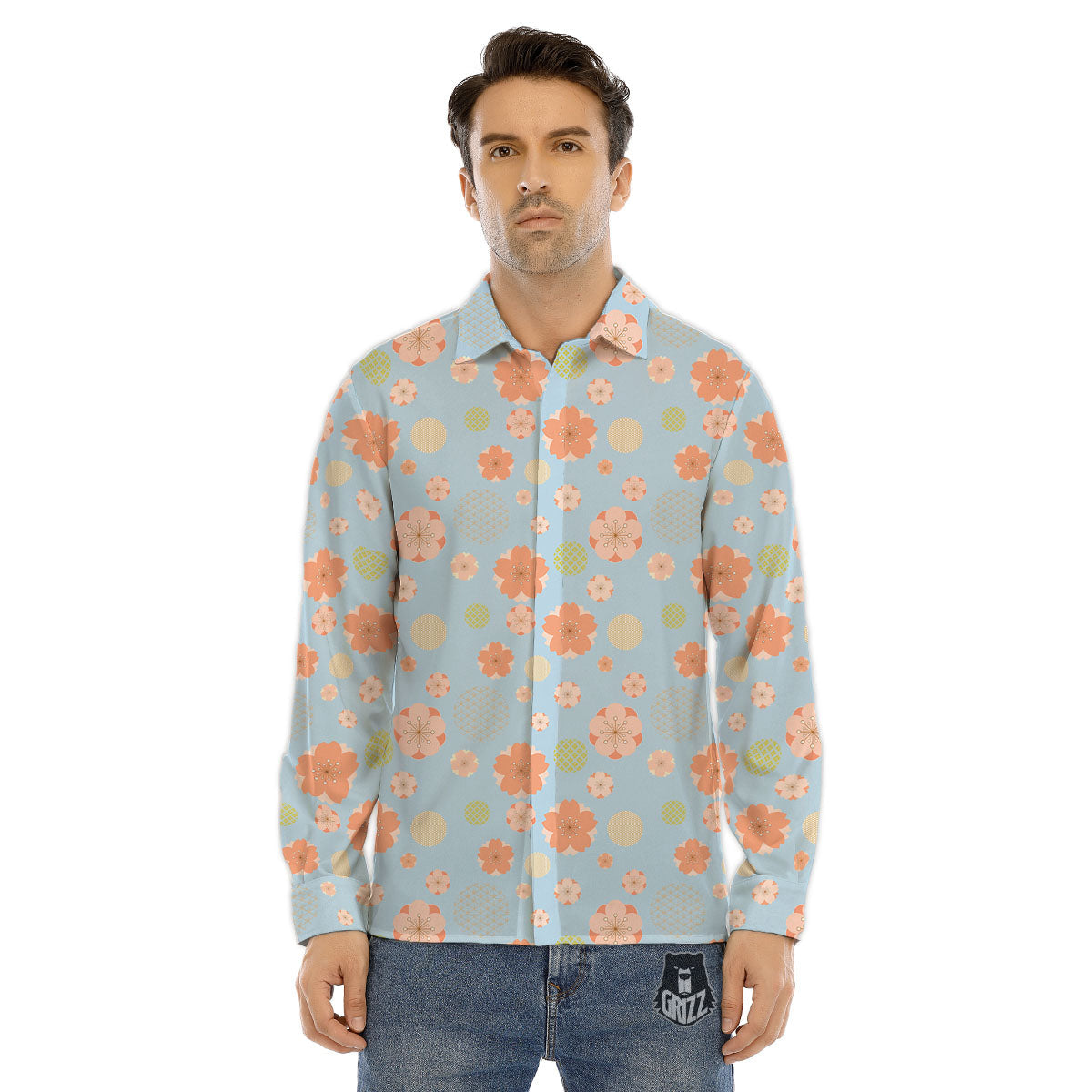 Kimono Cherry Blossom Print Pattern Men's Dress Shirts-grizzshop