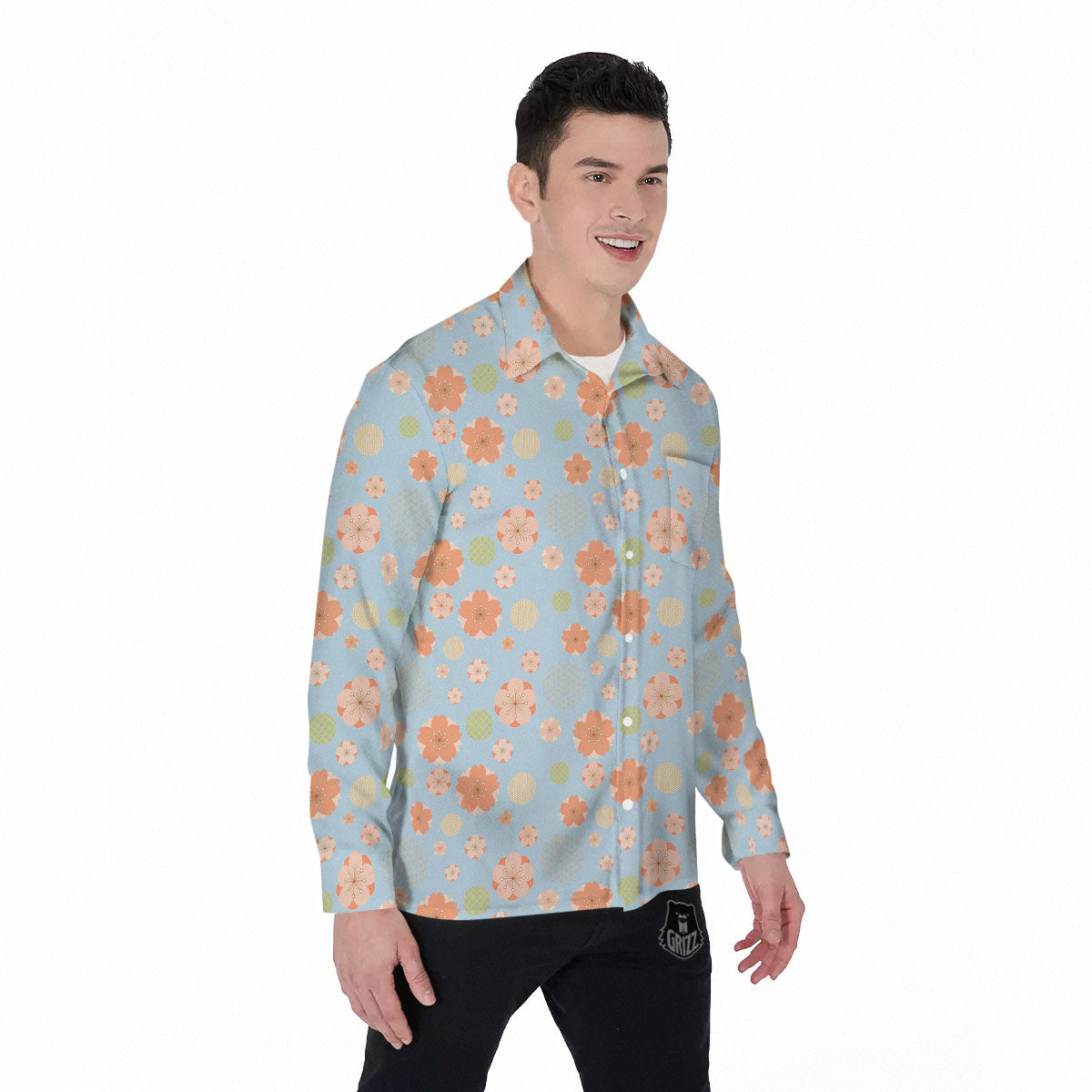 Kimono Cherry Blossom Print Pattern Men's Long Sleeve Shirts-grizzshop