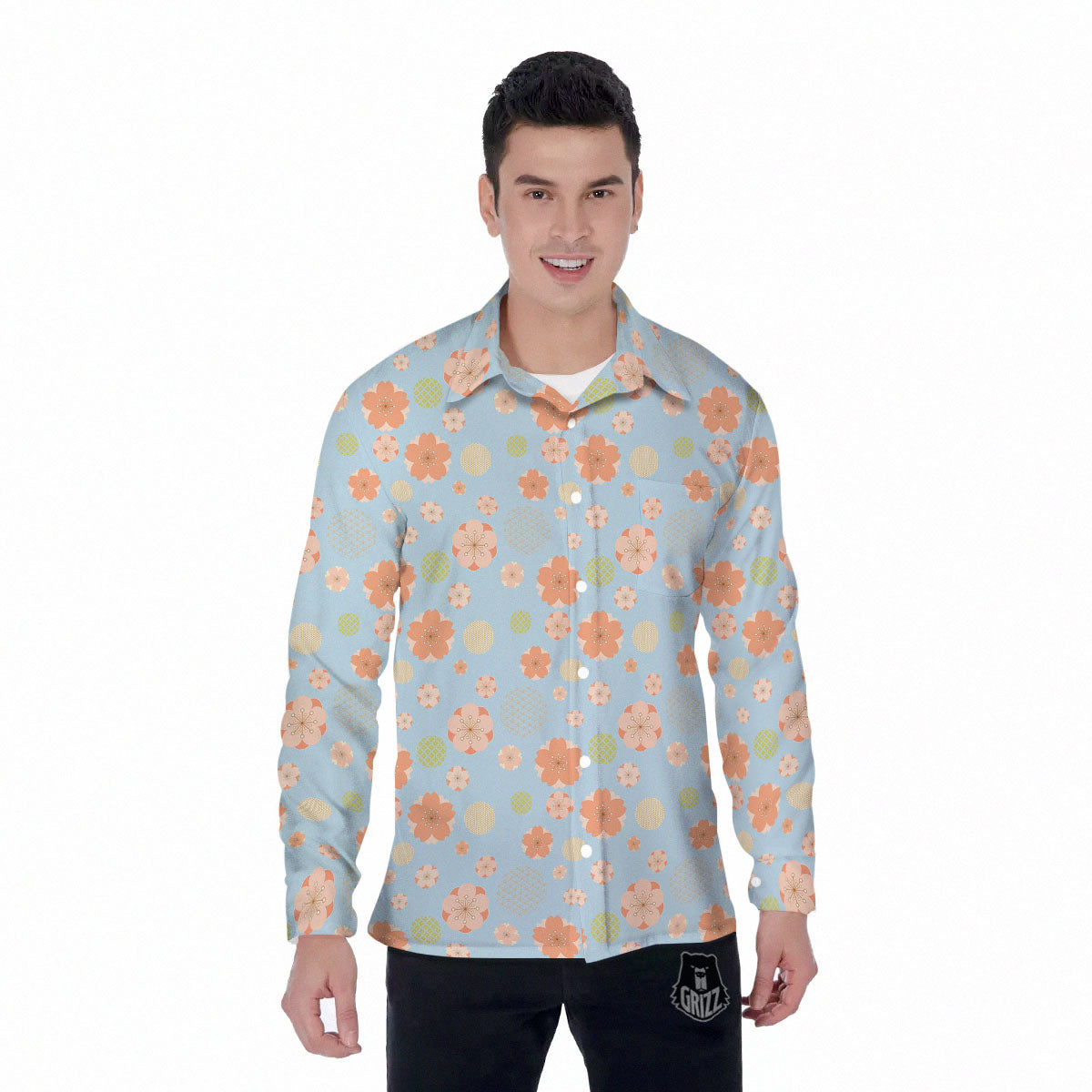 Kimono Cherry Blossom Print Pattern Men's Long Sleeve Shirts-grizzshop