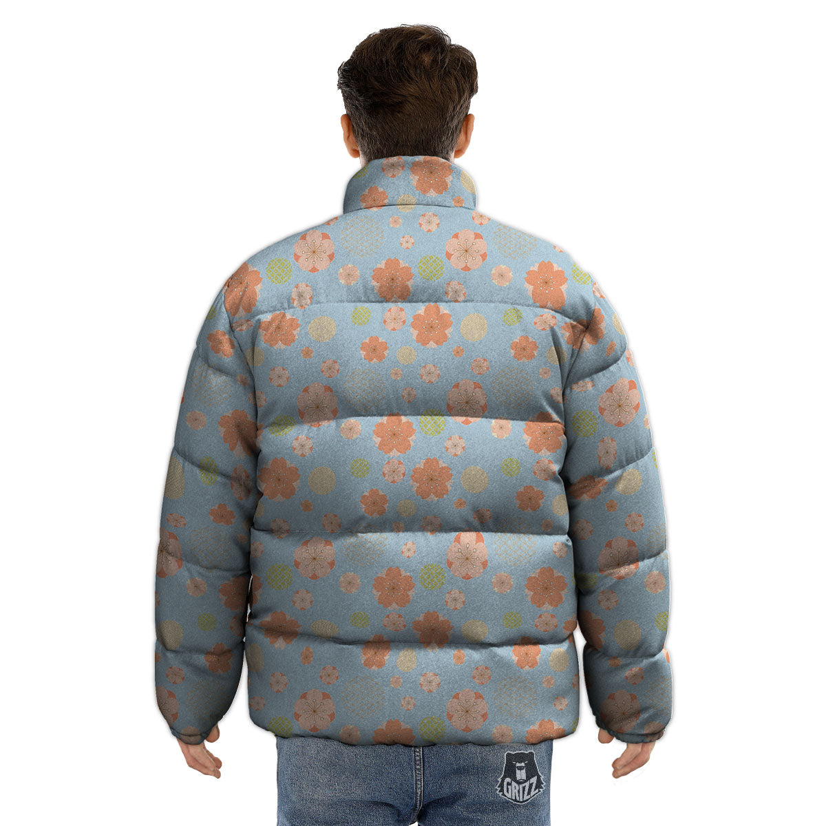 Kimono Cherry Blossom Print Pattern Puffer Jacket-grizzshop