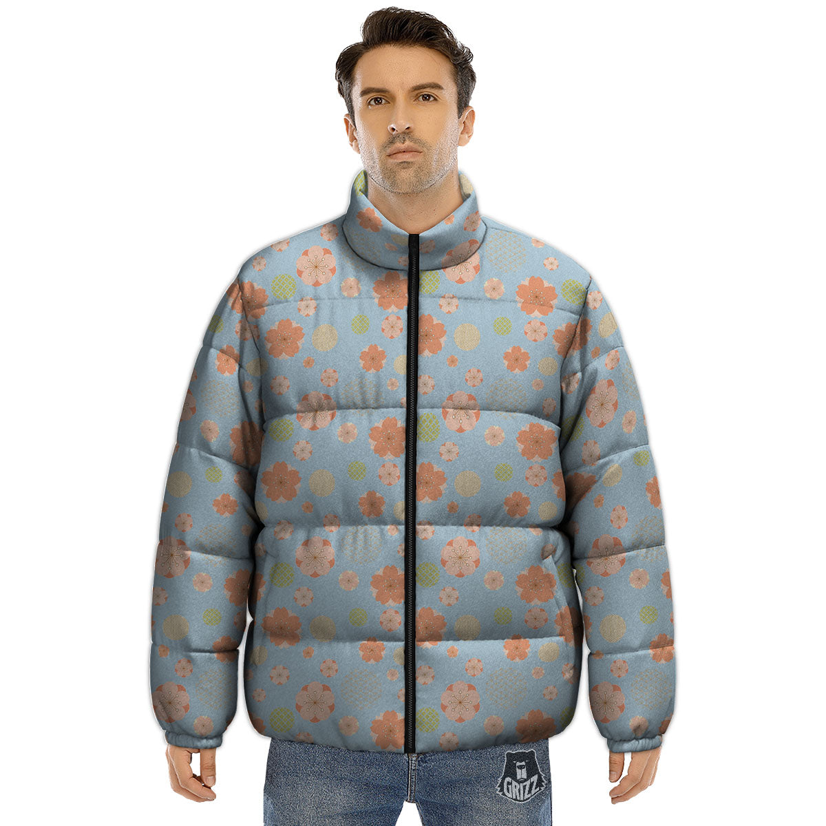 Kimono Cherry Blossom Print Pattern Puffer Jacket-grizzshop