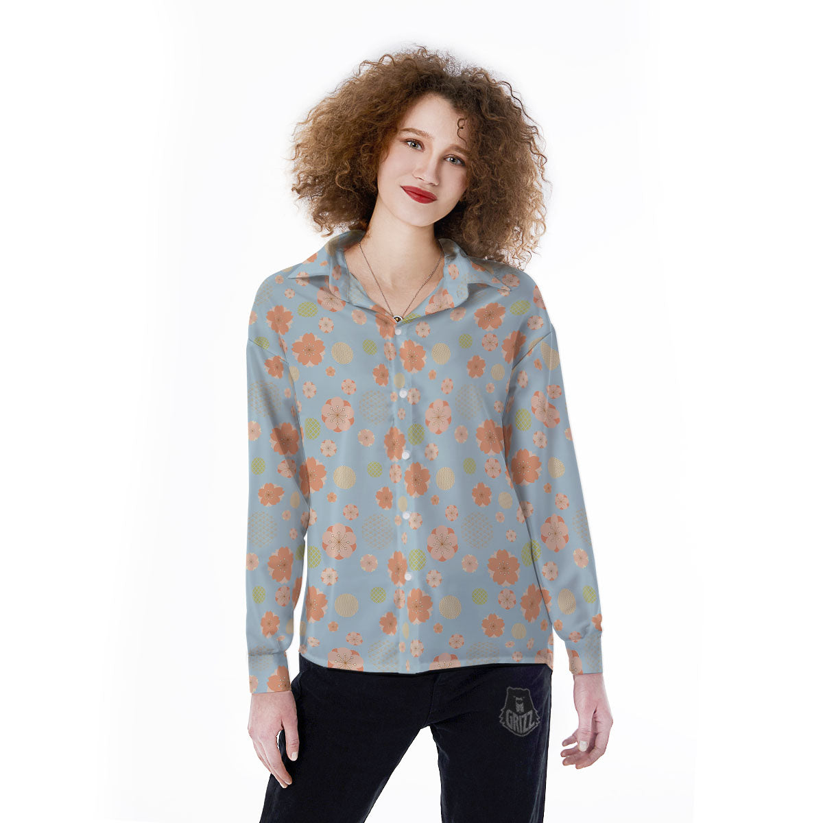 Kimono Cherry Blossom Print Pattern Women's Long Sleeve Shirts-grizzshop