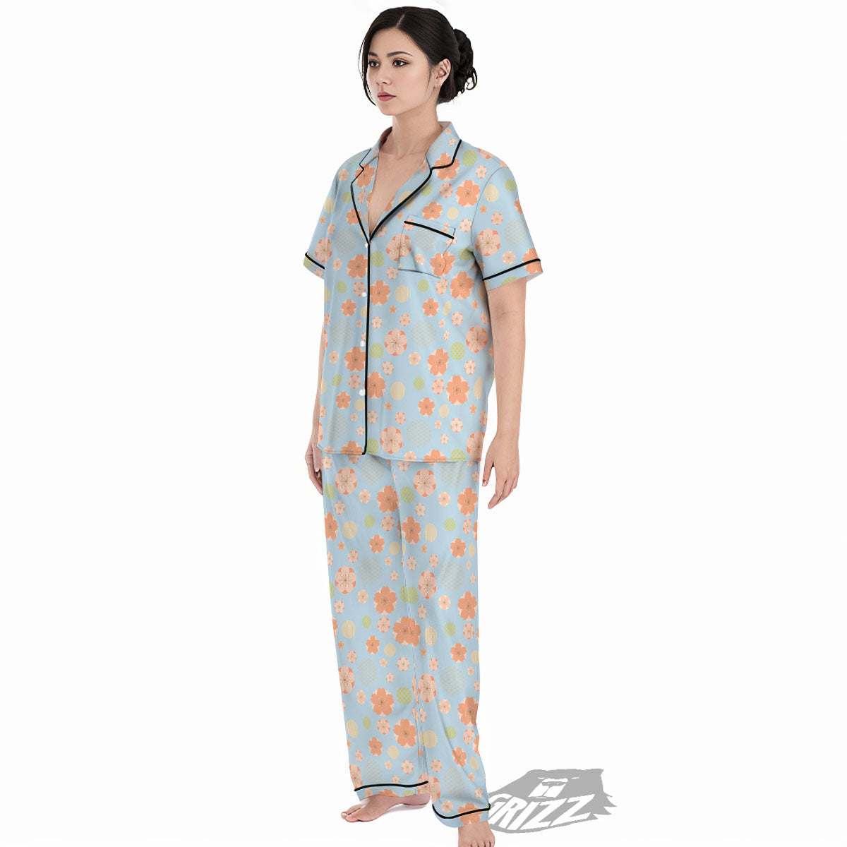 Kimono Cherry Blossom Print Pattern Women's Pajamas Set-grizzshop