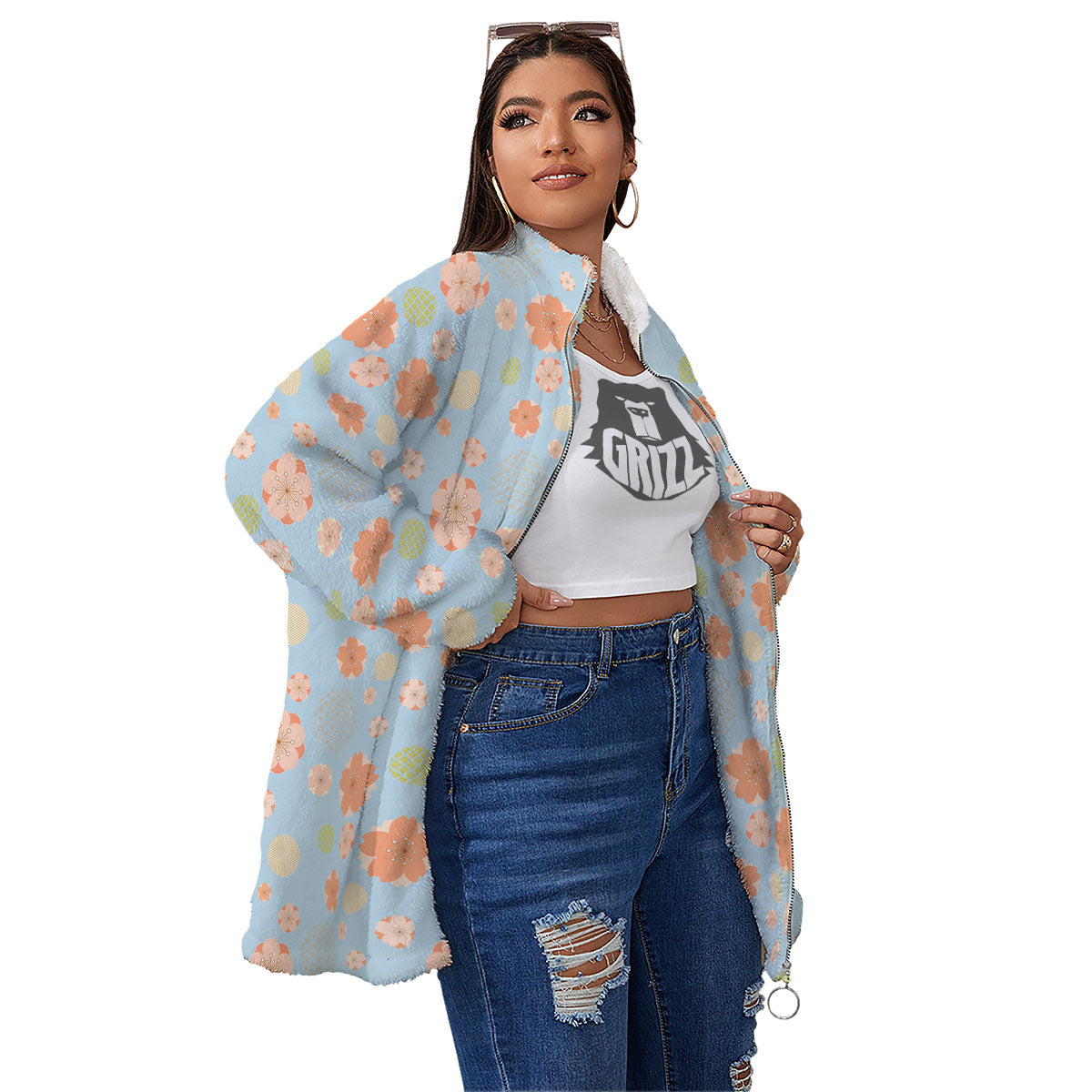 Kimono Cherry Blossom Print Pattern Women's Sherpa Jacket-grizzshop