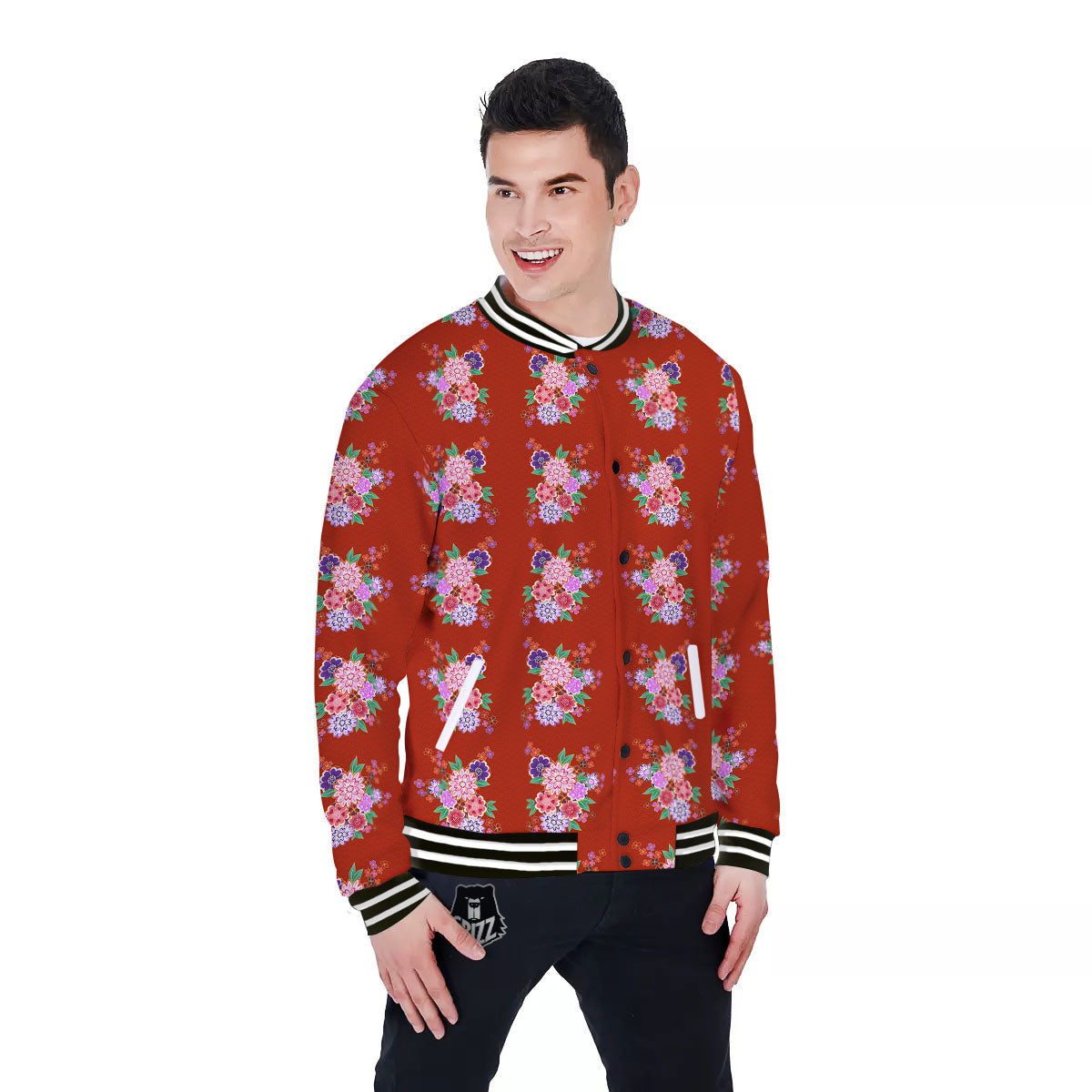 Kimono Floral Print Pattern Baseball Jacket-grizzshop