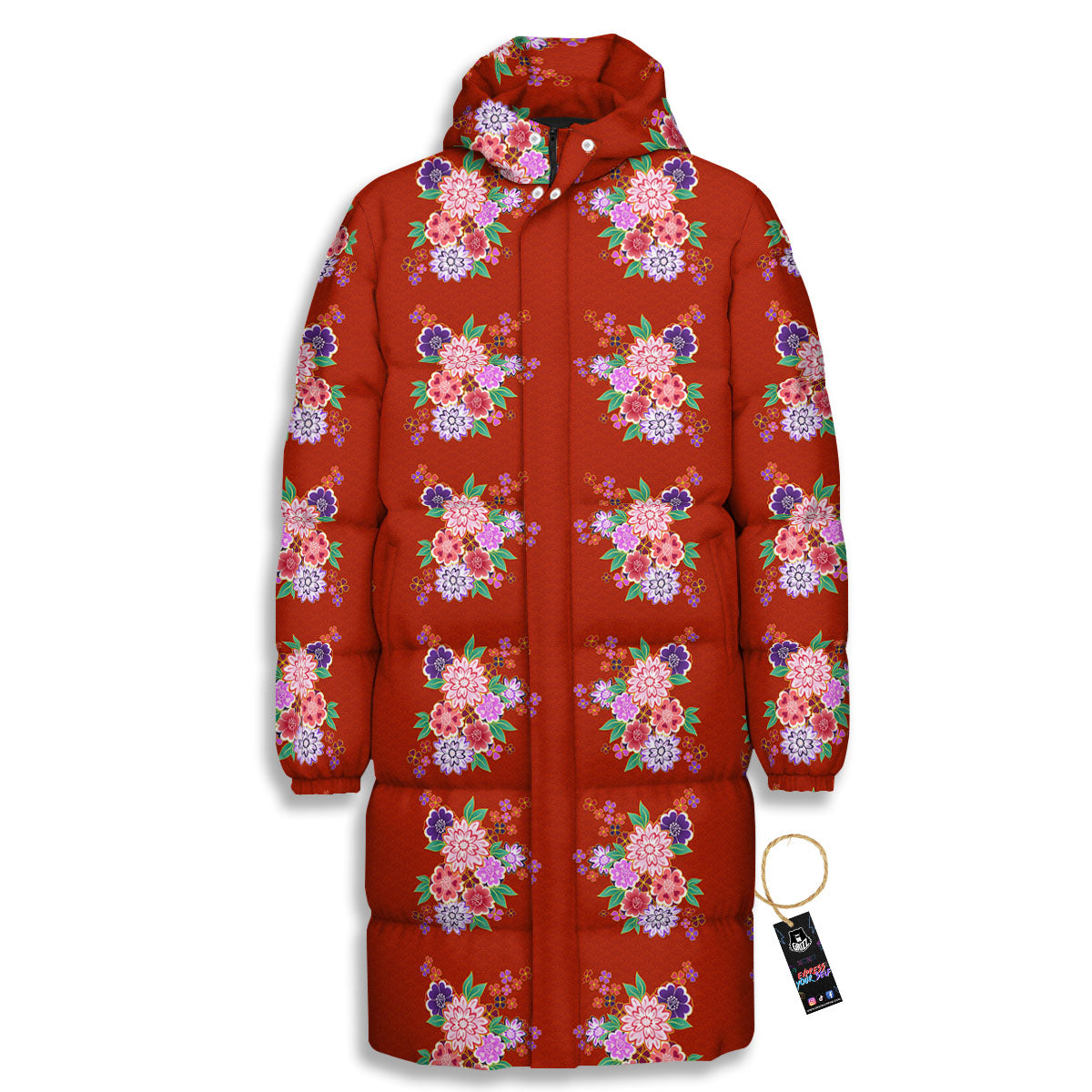 Kimono Floral Print Pattern Long Down Jacket-grizzshop