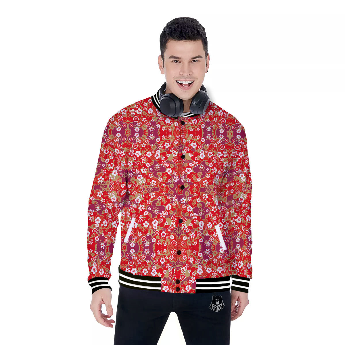 Kimono Flower Print Pattern Baseball Jacket-grizzshop