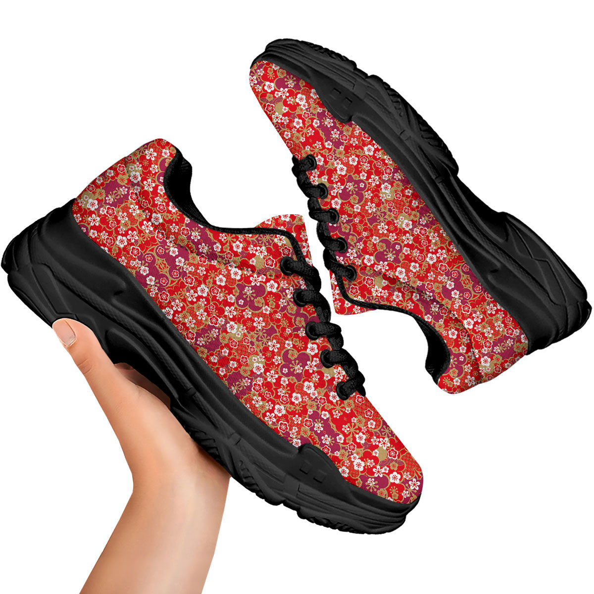 Kimono Flower Print Pattern Black Chunky Shoes-grizzshop