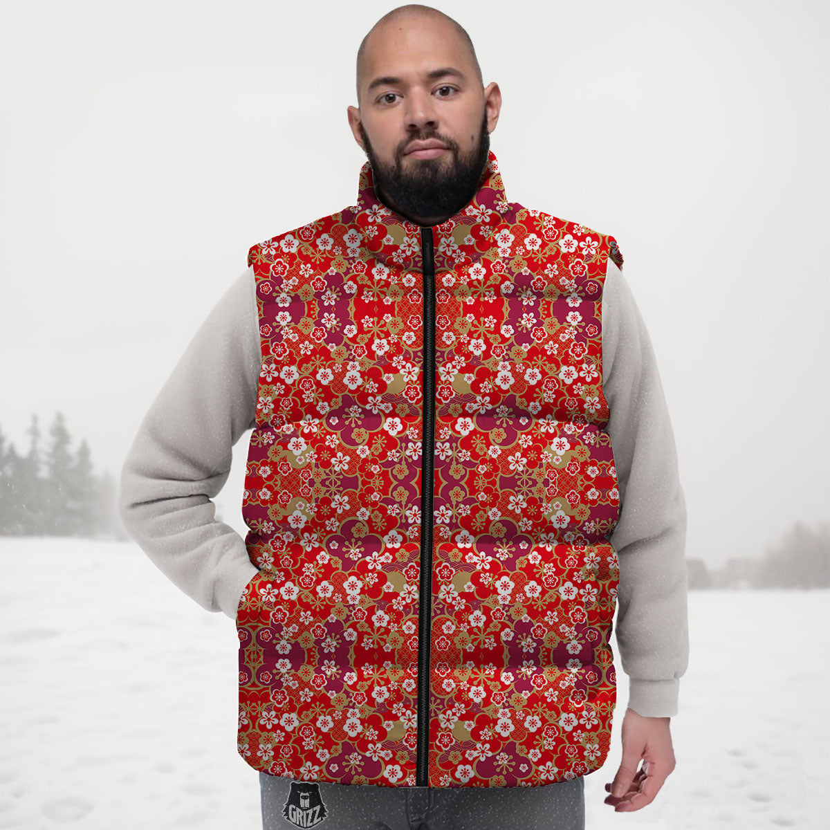 Kimono Flower Print Pattern Down Vest-grizzshop