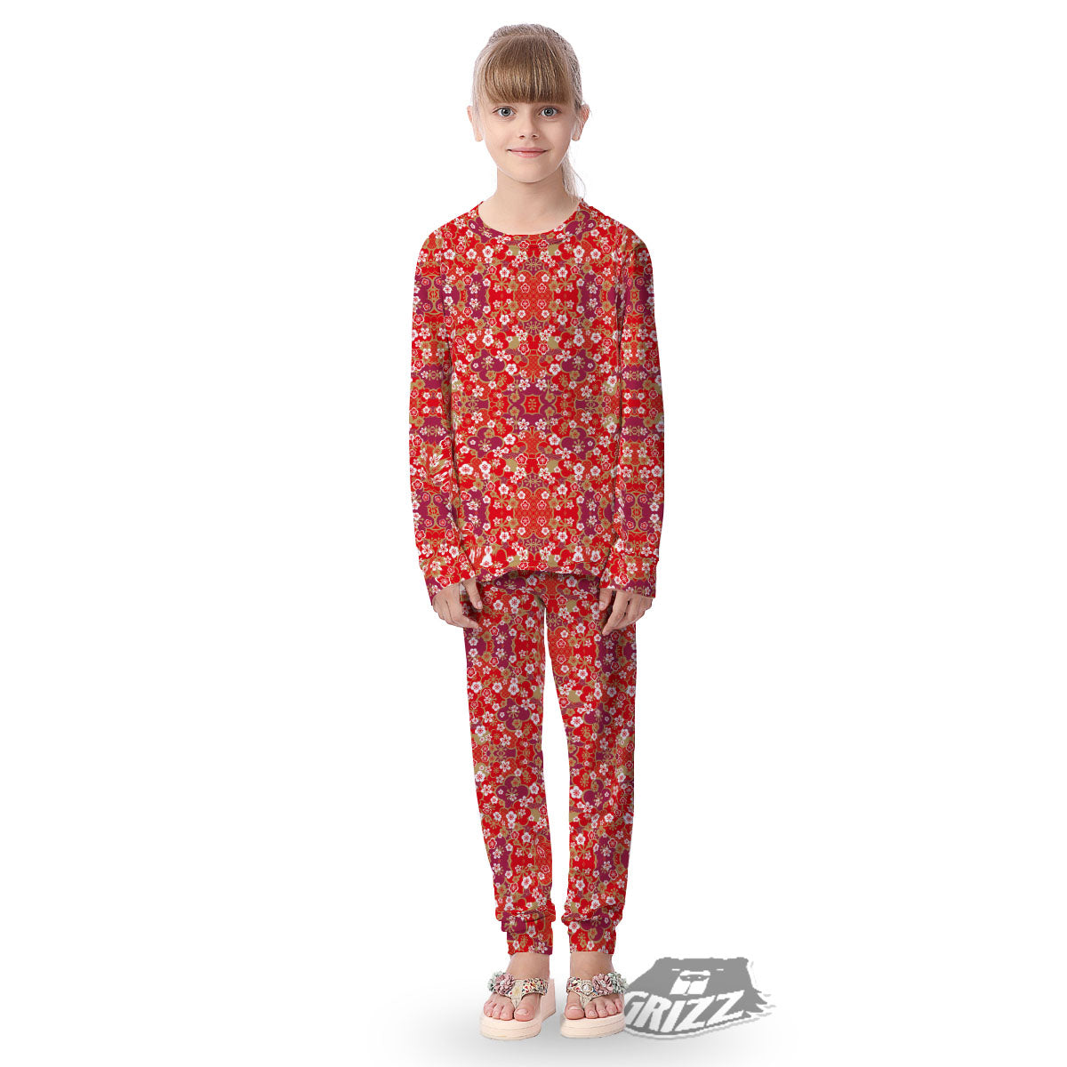 Kimono Flower Print Pattern Kid's Pajamas-grizzshop