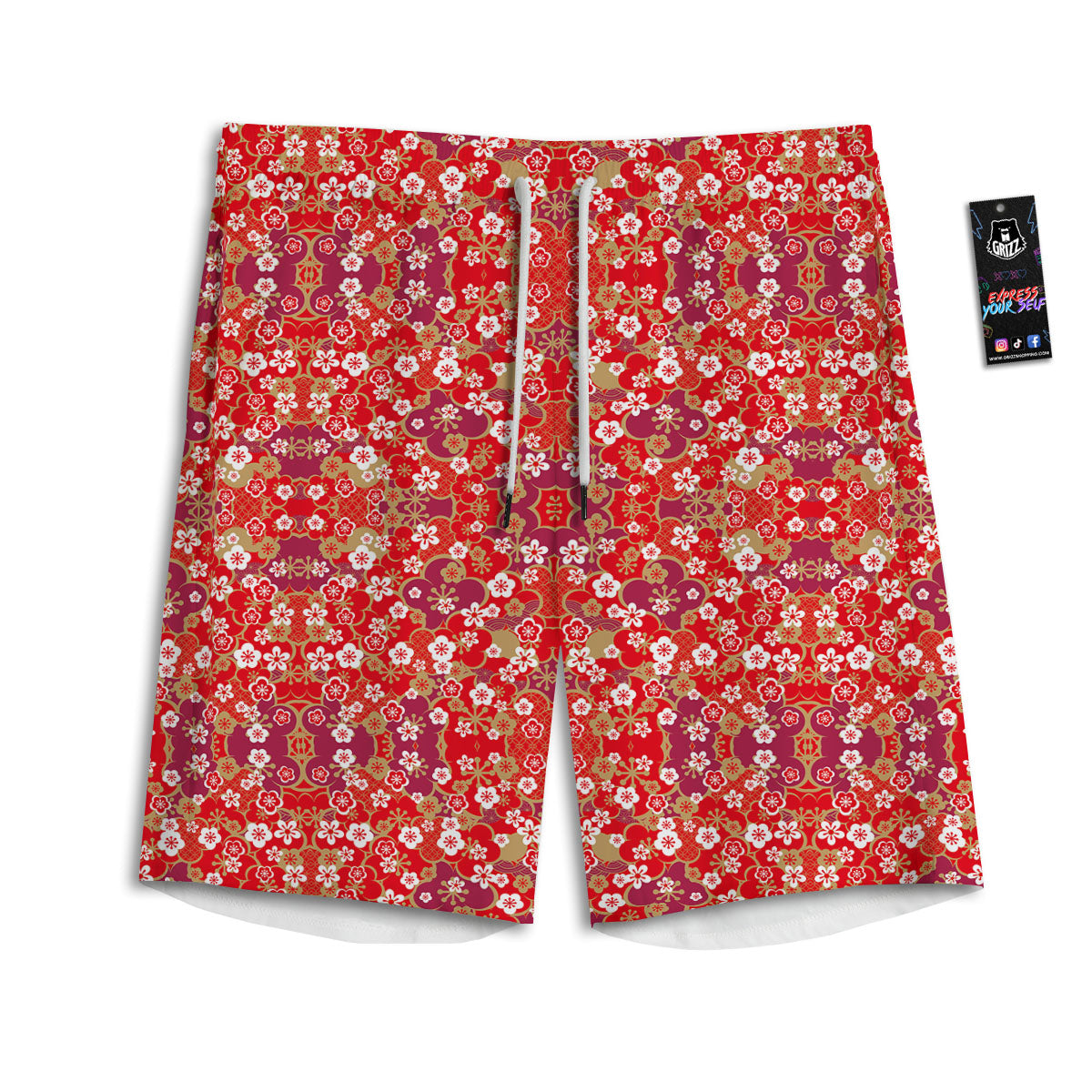 Kimono Flower Print Pattern Men's Athletic Shorts-grizzshop